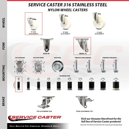 Service Caster 3 Inch 316SS Nylon Wheel Swivel 3/4 Inch Expanding Stem Caster Set SCC SCC-SS316EX20S314-NYS-34-4